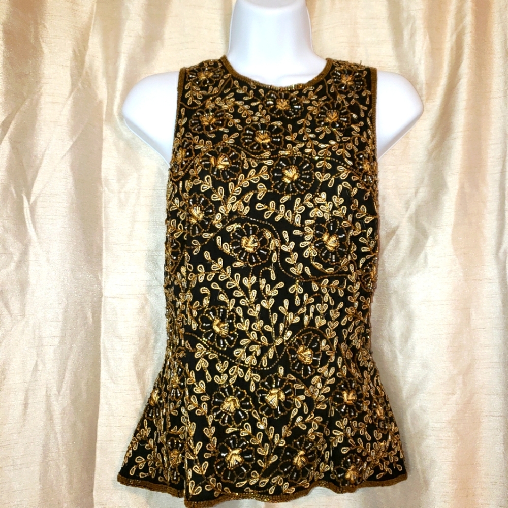 NWT Stenay black silk blouse w/heavy gold & black floral beading Womens XLarge